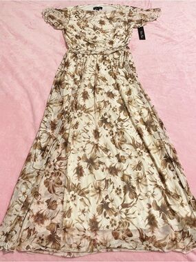 Women’s Cottagecore Floral Cream Brown Long Maxi Dress Size Small